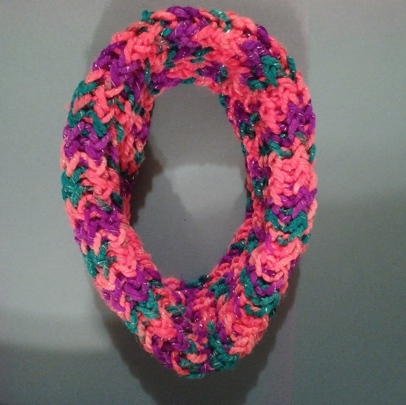 Handmade Women's Pink, Purple, Teal w/ Silver Sparkle Infinity Scarf - Picture 2 of 5